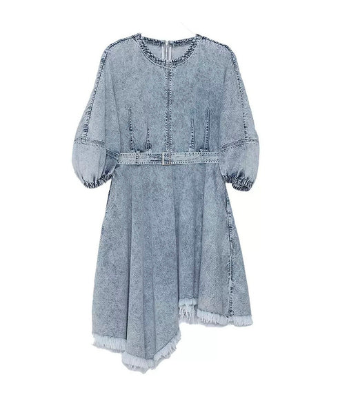 Washed Denim Belted Flare Dress